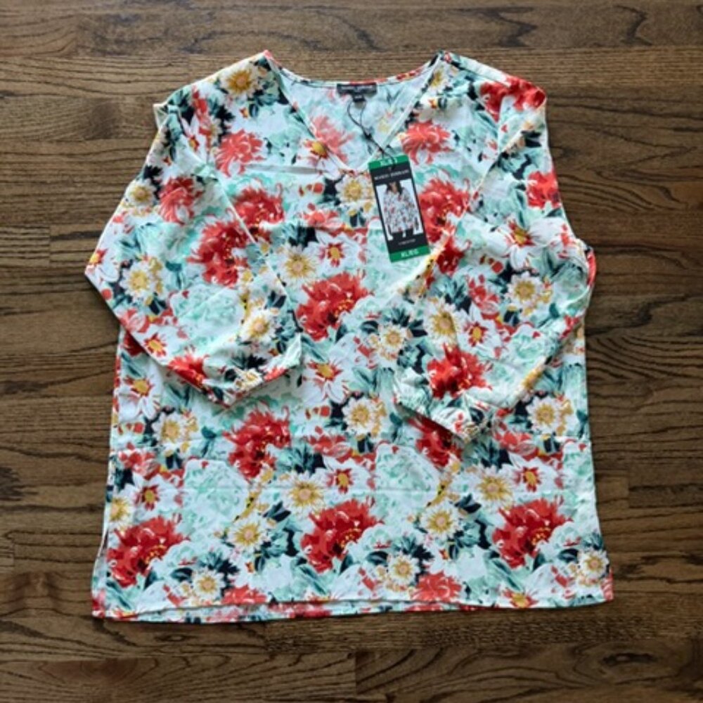 Mario Serrani Floral V-Neck Tunic Blouse 3/4 Sleeve XL NWT